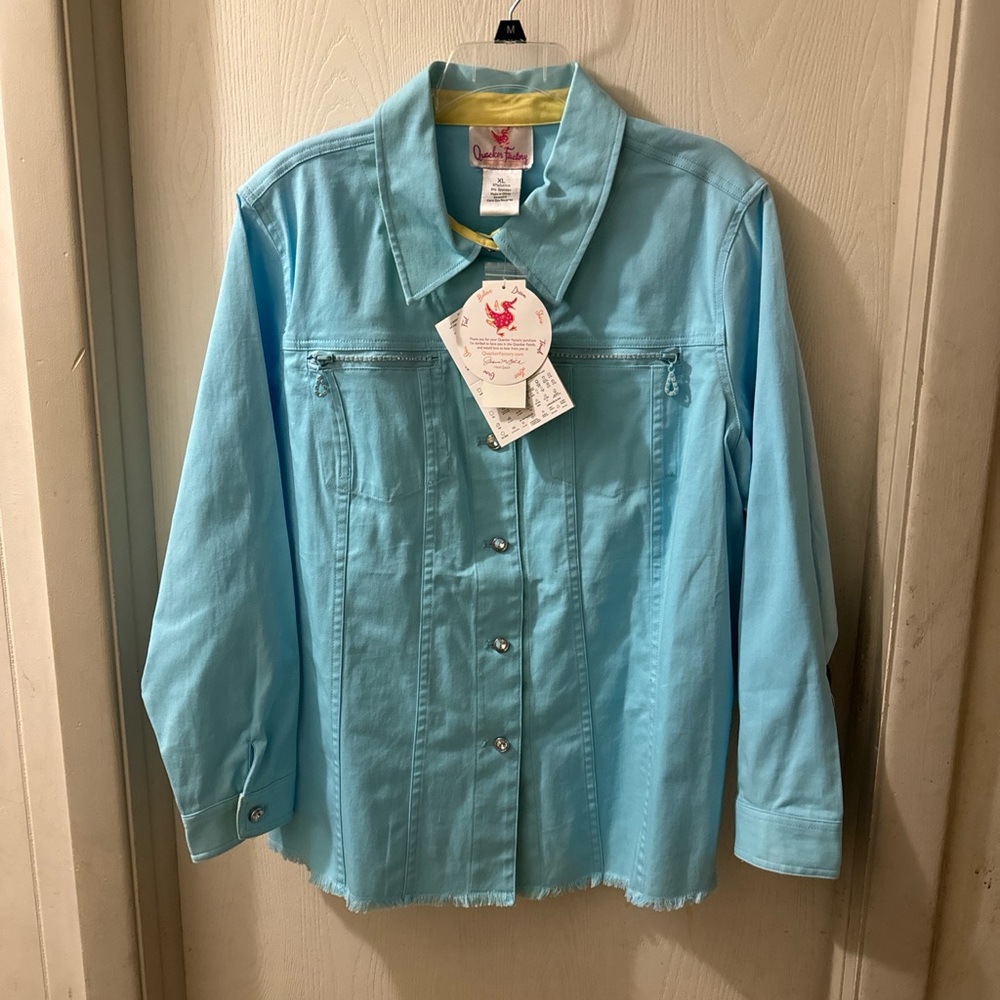 Quacker Factory Womens Jean Jacket Embellishments Jewels Frayed Hem size XL Blue